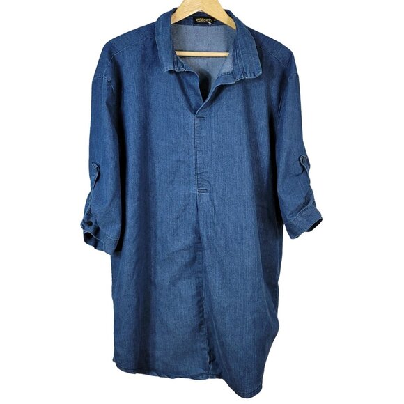 Reborn Womens Denim Tunic Top Blue Medium Roll-Up Sleeves Collar Cotton Blend - Picture 1 of 6